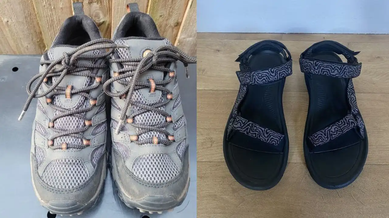 Close up on a plate of mashed potatoes, topped with baked pork chops with cream of mushroom soup, and a side of green beans.
